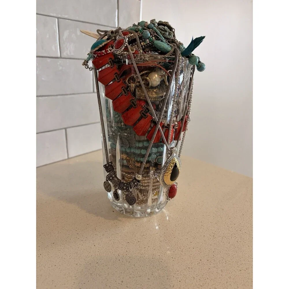 LARGE VTG Native Boho Mystery Jewelry Jar Turquoise Silver Gold Tone Bead